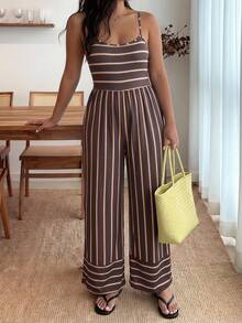 Enliva Damen-Jumpsuit in großen Größen mit Trägern, braun gestreift, rötlich-braun, französischer Retro-Stil, quadratischer Ausschnitt, elegant, Boho, für Sommerurlaub, Feiertage und formelle Anlässe - Braun - Übersicht 5