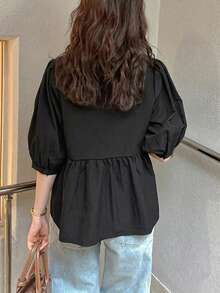 FRIFUL 女款黑色V領泡泡袖上衣，夏季可愛上衣 - 黑色 - 查看 2