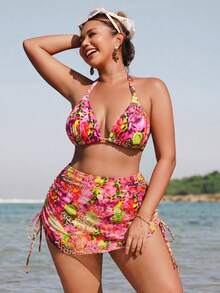 Swim SXY 大尺碼女款3件套 花卉與豹紋印花細肩帶比基尼上衣搭配花卉與豹紋印花裙，休閒海灘度假泳裝 - 黃色 - 查看 3
