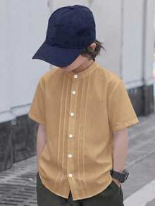 SHEIN Tween Boy Summer Casual Solid Color Front Button Short Sleeve Woven Shirt - Khaki - View 2