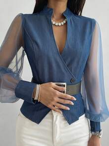 Livesso Áo denim nữ thời trang tay lưới - trắng - Xem 1
