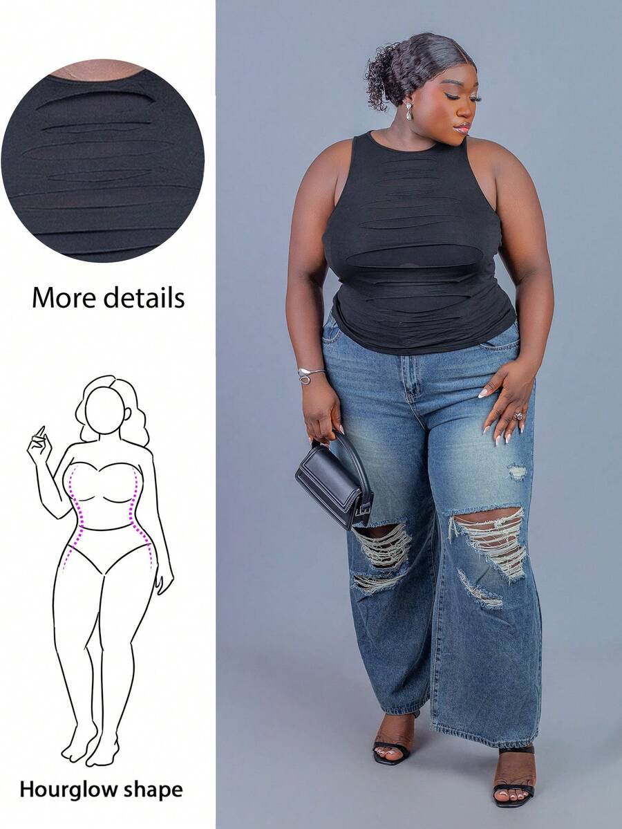 CurvyTilda 大尺碼 Y2K 透視破洞性感吊帶上衣 哥德風女款網紗上衣 黑色透視上衣 黑色性感上衣 黑色網紗上衣，適合沙漏型身材 - 黑色 - 查看 1