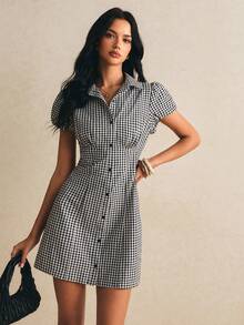 Poéselle 女款花瓣袖前扣格紋迷你洋裝,極簡夏季風 - 黑色 - 查看 4