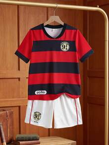 HARRY POTTER X SHEIN Tween Boy Summer Casual Sports Daily Commute School Style Contrast Stripe Print Short Sleeve T-Shirt And Shorts Set - Red - View 2
