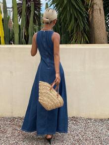 Livesso Đầm denim nữ màu xanh nhạt cổ điển, phối eo, phong cách tối giản, thanh lịch, thích hợp cho kỳ nghỉ, đi biển hoặc đi làm, dáng suông, mùa xuân và hè. - Rửa tối - Xem 6