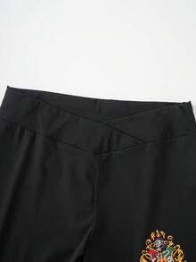 HARRY POTTER X SHEIN Plus Size Women Letter Print Leggings Shorts - Black - View 3