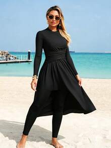 Swim Mulvari Swim Shayni Two Pieces Elegant Waist Inched Long Sleeve Vacation Swimwear Includes Swimwear Pants Vacation Set - Black - View 4
