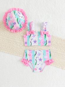 SHEIN 3件套女婴泳衣套装，带蝴蝶结、可爱贝壳、海星、海藻印花和花朵饰边，适合游泳、玩水、度假，包含一顶可爱的帽子 - 彩色 - 查看 3