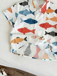 Young Boy Casual Minimalist Cartoon Pattern Collared Cardigan Shirt, Suitable For Summer - Multicolor - View 5