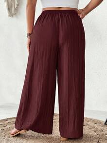 SHEIN CURVE+ 大尺碼女款春夏商務休閒海灘套裝，時尚通勤優雅紫色蓮藕粉寬腿口袋長褲，海灘度假穿搭 - 紫紅色 - 查看 2