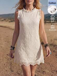 Wildy BOHO Casual Western Country Music Festival Lace Women's Summer Daily Basic Outfit Short Dress For Outing And Commuting - Apricot - View 3