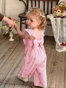 LMoss Kids Bộ áo liền quần dệt sọc cổ bèo cho bé gái, kiểu dáng thường ngày. - Màu Hồng baby - Xem 6