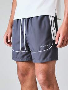 SUMWON Quần short cạp chun có dây rút, viền tương phản và logo thương hiệu, thích hợp mặc mùa hè. - Màu xám đen - Xem 4