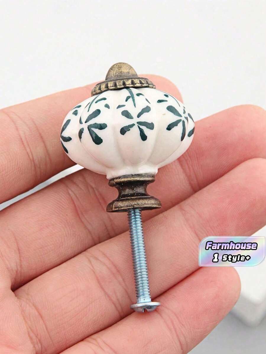 复古陶瓷装饰橱柜把手蓝白瓷南瓜设计,带叶藤浮雕细节仿古抽屉拉手农舍厨房橱柜梳妆台把手乡村家居装饰五金 - 彩色 - 查看 1