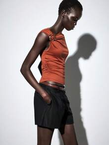 Lumivelle Women's Summer Metal Buckle Decor T-Shirt, Waist Ruched Slim Fit Casual Sexy Daily Night Out Party Rusty Orange - Redwood - View 7