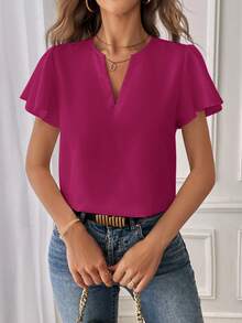 SHEIN Essnce 女士休闲翻领纯色短袖衬衫，适合通勤 - 中紫紅色 - 查看 5