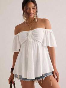 SHEIN VCAY Áo thun nữ cỡ lớn kiểu dáng bohemian, trễ vai, có dây rút, nhiều màu sắc, thích hợp cho đi biển, Ngày của Mẹ, kỳ nghỉ, áo mùa hè. - trắng - Xem 3