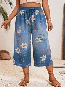 SHEIN VCAY Plus Size Women Casual Denim Effect Print Loose 3/4 Pants - Blue - View 5