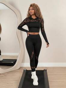 BamGleam Flocked & Mesh Patchwork Drawstring Hoodie And Pants Seamless Sports Suit Workout Women Set Women Leggings Set - Black - View 3