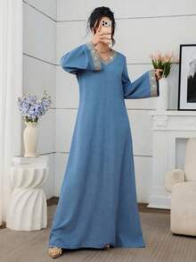 Al Najma Vestido elegante de manga larga, cuello en V, suelto y de unicolor con decoración de cinta para uso diario - Azul - Ver 3