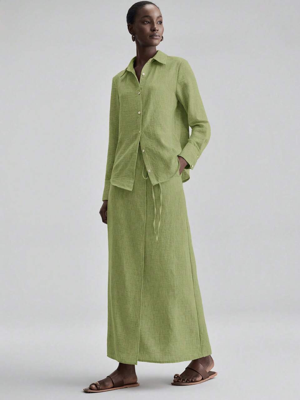 Women's Sage Green Summer Casual Vacation Holiday 2 Pieces Set,Woven Button Shirt & Side Tie Waist Skirt,Elegant Minimalist Office Outfit,2026SS New