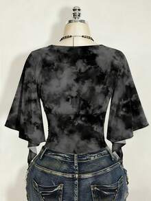 SHEIN ICON 大码女式扎染撞色蕾丝荷叶袖T恤 - 彩色 - 查看 2