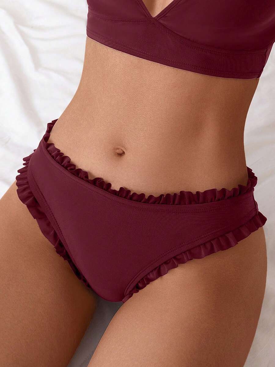 SHEIN Swim 女款紅色荷葉邊比基尼泳褲 夏季海灘泳池派對適用 可愛性感優雅 - 酒紅色 - 查看 1