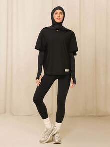GLOWMODE Modest 1PC Big Easy Cooling Moisture-Wicking Quick-Dry Relaxed Fit Hip Length Crewneck T-Shirt Gym Workout Studio Daily Casual Wear - Black - View 2