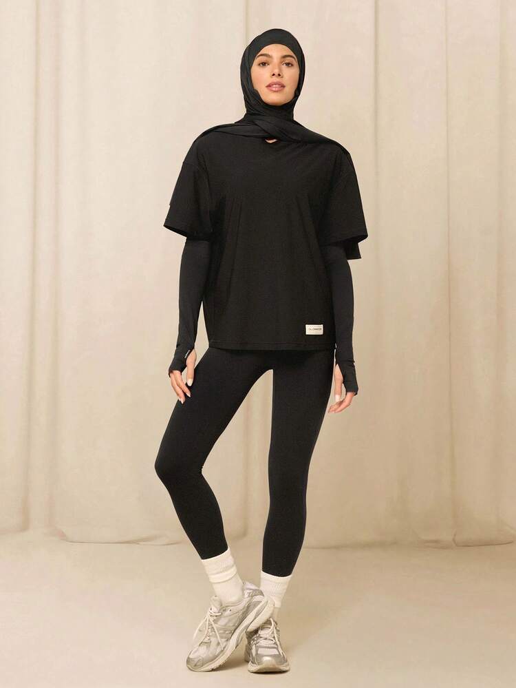 GLOWMODE X Reem Modest Big Easy Cooling Moisture-Wicking Quick-Dry Relaxed Fit Hip Length Crewneck T-Shirt Gym Workout Studio Daily Casual Wear