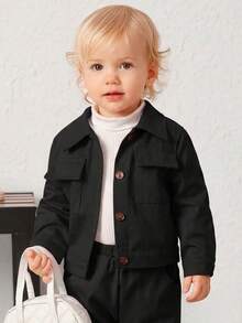 SHEIN Baby Girl Bear & Letter Graphic Jacket & Sweatpants - Black - View 2