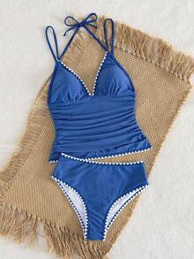 Swim Lushoire Swim Vcay 新款女款兩件式泳衣，白色紋理面料配黑色裝飾線條，抽褶腰部設計，女款度假背心比基尼 - 彩色 - 查看 3