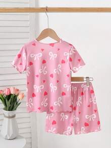 SHEIN 2件套女童可爱蝴蝶结爱心印花短袖短裤针织睡衣套装 - 藕粉色 - 查看 2