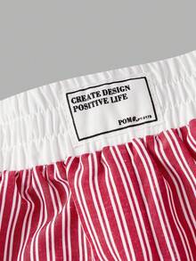 SHEIN MOD 女款休閒條紋彈性腰短褲，夏季 - 紅白色 - 查看 3