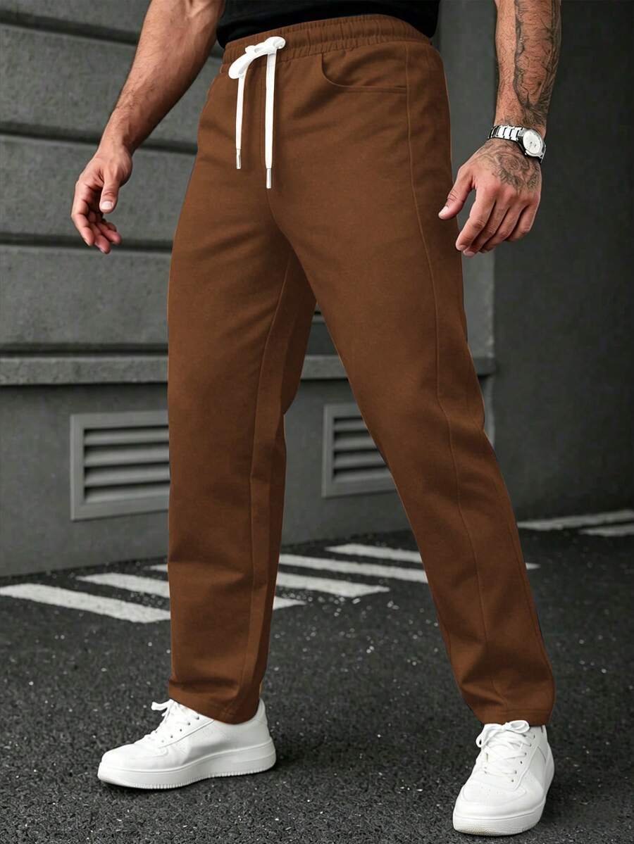 SLATEMANN Men's Drawstring Pants,Shades Of Brown,Autumn,Casual,Work,Comfortable Design,INS Style,Husband Gift,Weddings,Photography,Y2K,Essential All Seasons - Coffee Brown - View 1