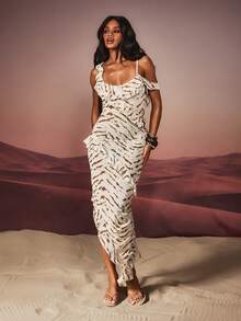 MISSGUIDED Tiger Print Ruffle Midi Dress With Asymmetric Hem And Cold Shoulder Spaghetti Straps Summer Party - Multicolor - View 1