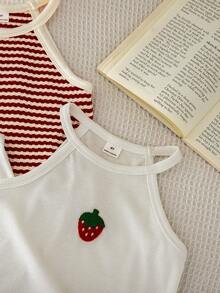 SHEIN LMoss Kids 3件/組少女草莓印花圓領休閒背心上衣，夏季時尚度假款 - 彩色 - 查看 7