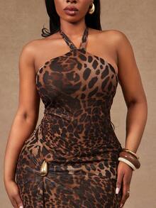 Radiana Plus Size Women's Brown Elegant Summer Leopard Print Halter Tie Bodycon Ruched Metal Decor Dress For Night Out Club,Prom Gathering Banquet Party - Multicolor - View 7