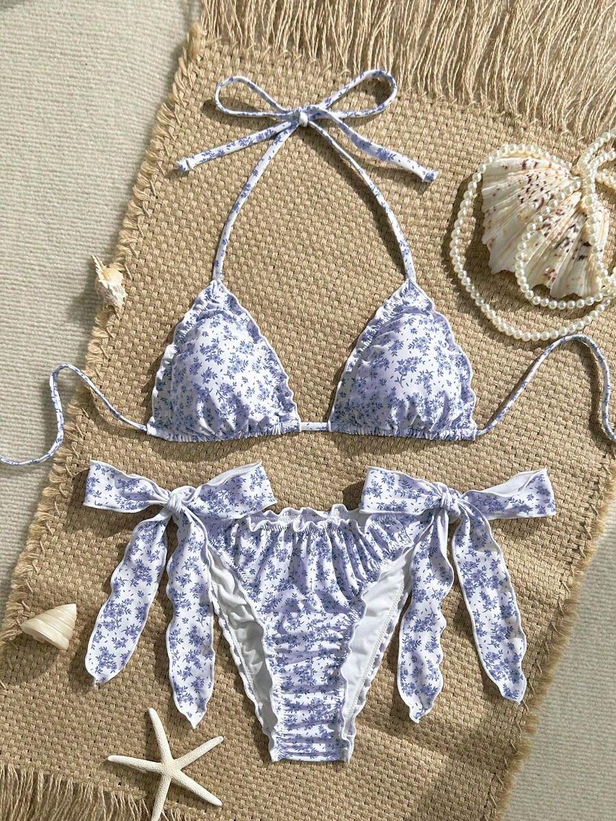 Swim Vcay 女士两件套碎花荷叶边V领挂脖比基尼套装,夏季 - 淡紫色 - 查看 1