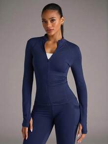 SHEIN BAE Women's Solid Color Minimalist Casual Long Sleeve Sports Jacket - Navy Blue - View 5