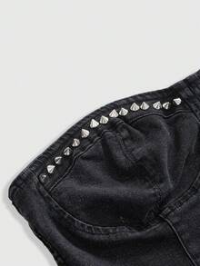 ROMWE Dark Punk Rivet Decor Sexy Cropped Denim Top, Versatile Black Plus Size Date Night Summer - Black - View 3