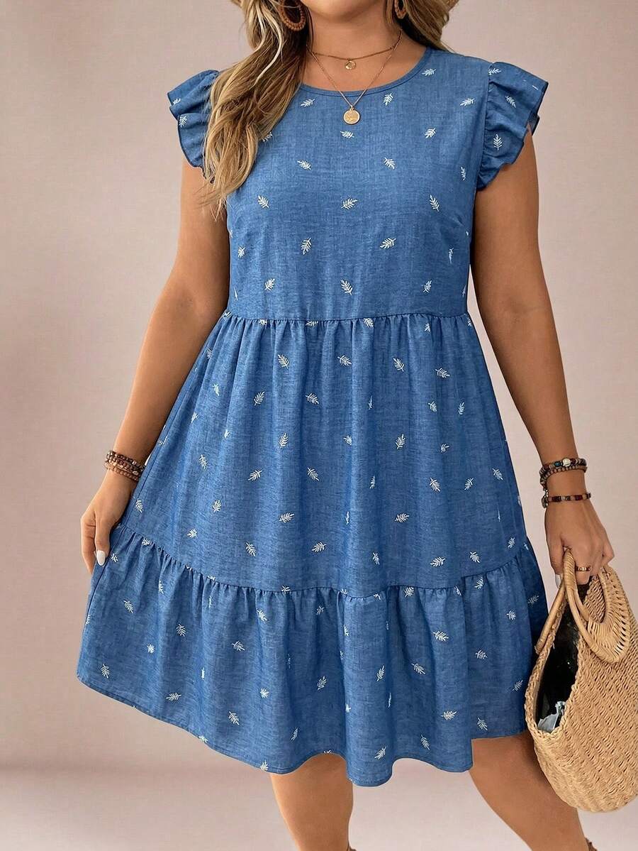 Comfylo Plus Size Women Round Neck Leaf Embroidery Ruched Casual Party Dress - Blue - View 1