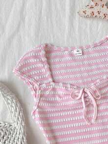 SHEIN Tween Girls Pink And White Striped Knit Textured T-Shirt,Summer Casual Ruched Bust Sweet Preppy Style Top,Y2K Fashion Back To School Holiday Wear - Pink - View 3