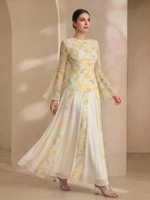 Graceveil Women's French Elegant Yellow Round Neck Double-Layer Flare Sleeve Waist Cinched Dress Bride Printed Dress Yellow Dress Latest Dress Style Vacation - View 5