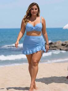 Swim Lushoire Plus Size Women 3 PiecesSwimsuit Set - Blue - View 6