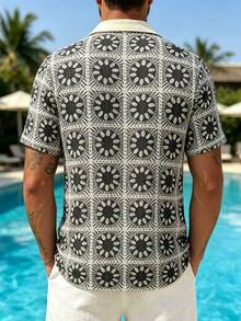 VENTUSAIL Men's Knitted Mesh Sheer Printed Contrast Color Design Casual Short Sleeve Shirt, Holiday - Black - View 2