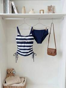 Resyla 2pcs/Set Women's Navy Striped Print Tankini Top And Triangle Bottoms Swimsuit, Beach Vacation Summer - Blue and White - View 5