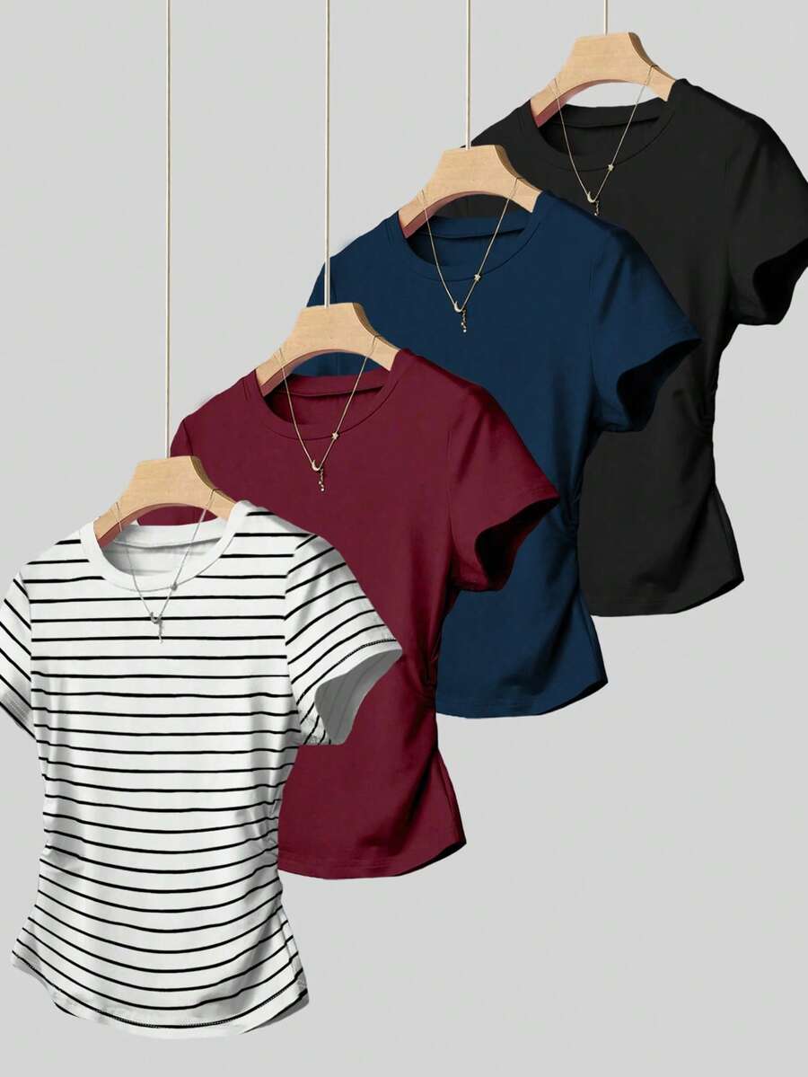 Resyla Women's Casual Minimalist Round Neck Short Sleeve T-Shirt, Suitable For Summer Daily Wear - Multicolor - View 1