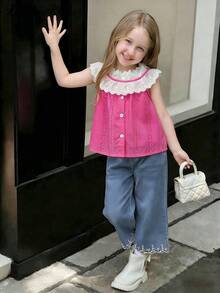 SHEIN Elladie kids 两件套女童休闲时尚荷叶边圆领宽松刺绣蕾丝印花背心上衣+牛仔喇叭裤刺绣裤脚套装，适合度假、旅行、日常穿着，夏季 - 玫紅色 - 查看 5