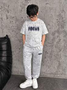 Vacaura 2pcs Boys' Tie-Dye Gradient Effect Short Sleeve T-Shirt And Pants Set, Suitable For Spring/Summer Outdoor Casual Wear - Grey - View 3
