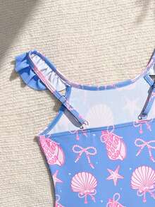 SHEIN Young Girls One-Piece Swimsuit, Cute Blue Starfish Pattern, Knit Fabric With Ruffle Trim, One-Piece With Skirt, Fashionable Casual Elegant Design, Suitable For Swimming, Summer Vacation, Beach, Pool, Holiday Party - Blue - View 4